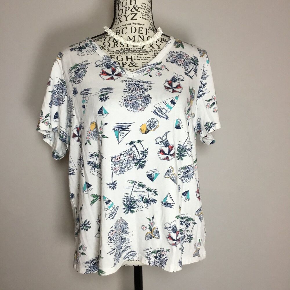 Cotton vacation tshirt yachts beach ocean palm tree summer pattern stretchy S